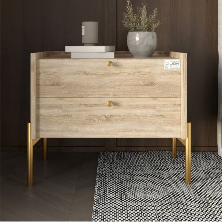 Тумба приліжкова LION Wood з двома шухлядами Дуб Сонома (золоті ножки) (LION-041351) Тумба приліжкова LION Wood з двома шухлядами Дуб Сонома (золоті ножки) (LION-041351)