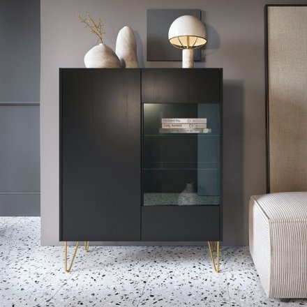 Вітрина Perfect Home Гармоні / Harmony 2-дверна з золотими ніжками WT97 Чорний/чорний мармур роял (PFH-091186)