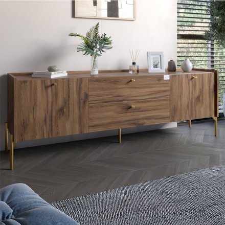 Тумба під телевізор з шухлядами LION Wood з золотими ніжками 160х65х40 см Дуб Ліворно (LION-043114) Тумба під телевізор з шухлядами LION Wood з золотими ніжками 160х65х40 см Дуб Ліворно (LION-043114)