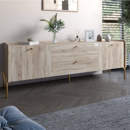 Тумба під телевізор з шухлядами LION Wood з золотими ніжками 160х65х40 см Дуб Сонома (LION-043115) Тумба під телевізор з шухлядами LION Wood з золотими ніжками 160х65х40 см Дуб Сонома (LION-043115)