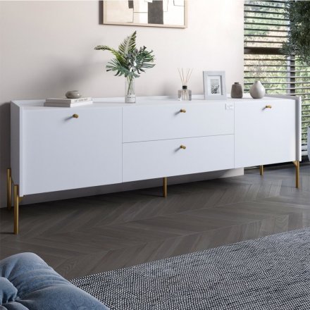 Тумба під телевізор з шухлядами LION Wood з золотими ніжками 160х65х40 см Німфея Альба (білий) (LION-043118) Тумба під телевізор з шухлядами LION Wood з золотими ніжками 160х65х40 см Німфея Альба (білий) (LION-043118)