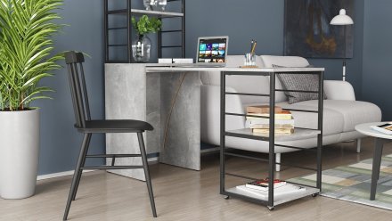 Стіл-тумба трансформер Смарт 3/2 з етажеркою Ferrum-decor 1430x1450x600 Чорний метал ДСП Бетон 16 мм (FRD-105122)