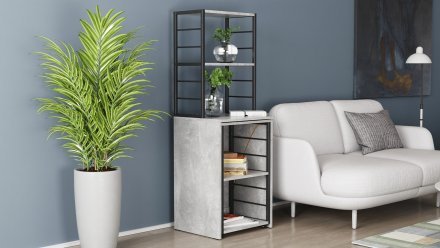 Стіл-тумба трансформер Смарт 3/2 з етажеркою Ferrum-decor 1430x1450x600 Чорний метал ДСП Бетон 16 мм (FRD-105122)