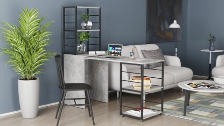 Стіл-тумба трансформер Смарт 3/2 з етажеркою Ferrum-decor 1430x1450x600 Чорний метал ДСП Бетон 16 мм (FRD-105122)