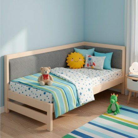 Односпальне дерев'яне ліжко Mebigrand Ліза М4 (права спинка) Бежевий (S2005Y50R)/Аляска 93 (Сірий) 80x200 см MBG-25623