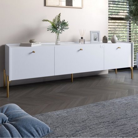 Тумба під телевізор на 3 шухляди LION Wood з золотими ніжками 160х65х40 см Німфея Альба (білий) (LION-042997) Тумба під телевізор на 3 шухляди LION Wood з золотими ніжками 160х65х40 см Німфея Альба (білий) (LION-042997)