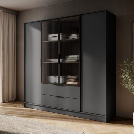 Гардеробна / шафа для одягу Perfect Home Келлі / Kelly 4DRM 4-дверна з центральними прозорими дверцятами та додатковими полицями Графіт (PFH-091896)