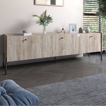 Тумба під телевізор на 3 шухляди LION Wood з чорними ніжками 160х65х40 см Дуб Сонома (LION-043100) Тумба під телевізор на 3 шухляди LION Wood з чорними ніжками 160х65х40 см Дуб Сонома (LION-043100)