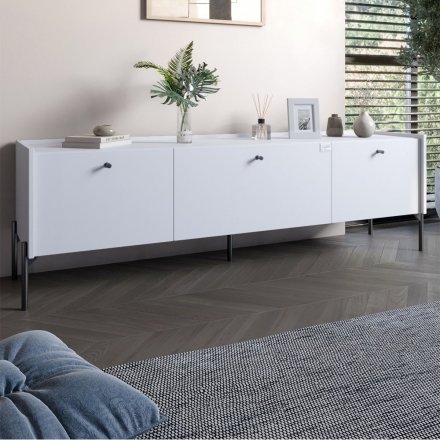 Тумба під телевізор на 3 шухляди LION Wood з чорними ніжками 160х65х40 см Німфея Альба (білий) (LION-043102) Тумба під телевізор на 3 шухляди LION Wood з чорними ніжками 160х65х40 см Німфея Альба (білий) (LION-043102)
