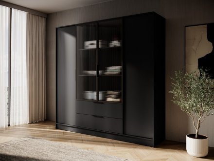 Гардеробна / шафа для одягу Perfect Home Келлі / Kelly 4DRM 4-дверна з центральними прозорими дверцятами та додатковими полицями Чорний (PFH-091899) Гардеробна / шафа для одягу Perfect Home Келлі / Kelly 4DRM 4-дверна з центральними прозорими дверцятами та додатковими полицями Чорний (PFH-091899)