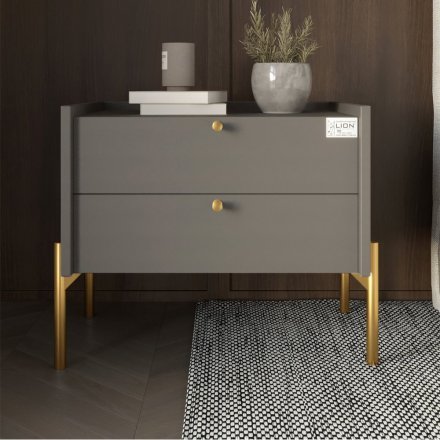 Тумба приліжкова LION Wood з двома шухлядами Антрацит (золоті ножки) (LION-041334) ТОП