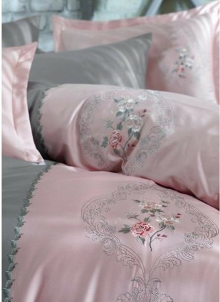 Постільна білизна сатин з вишивкою Isabella gri сірий євро svt-2000022294980 Постільна білизна сатин з вишивкою Isabella gri сірий євро svt-2000022294980